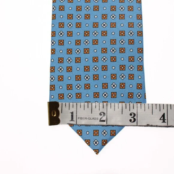 Drake's NWT Neck Tie in Light Blue with Orange/White Geometric Pattern 100% Silk